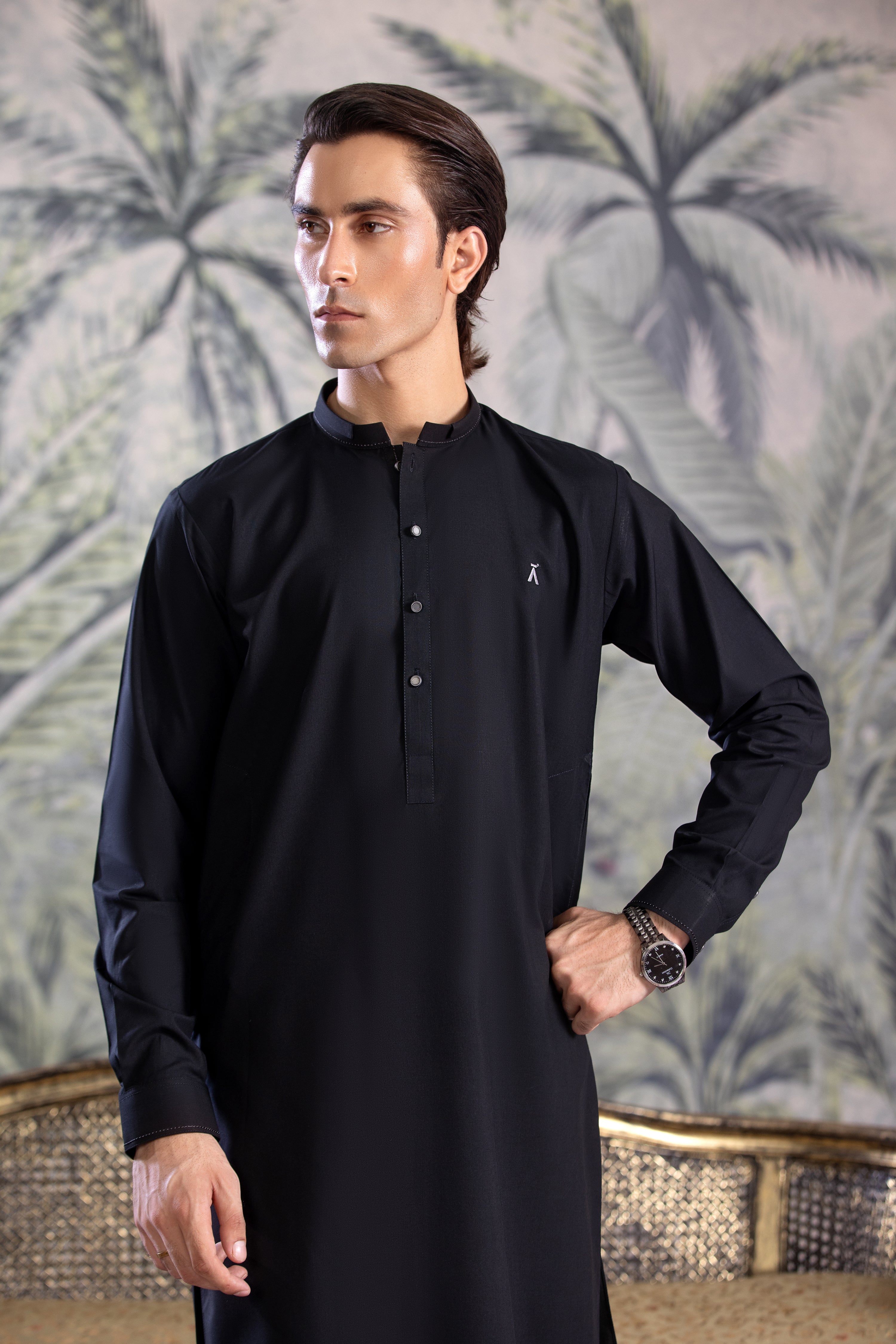 Black Kurta Shalwar With Contrast Grey Detailing