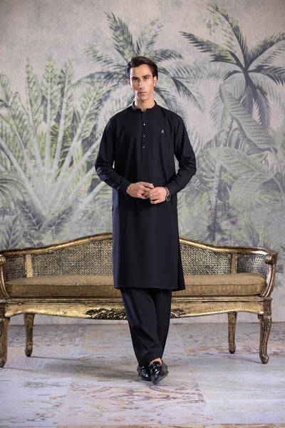 Black Kurta Shalwar With Contrast Grey Detailing