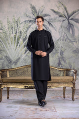 Stitched Kurta Shalwar With Contrast Detailing for Men - Black