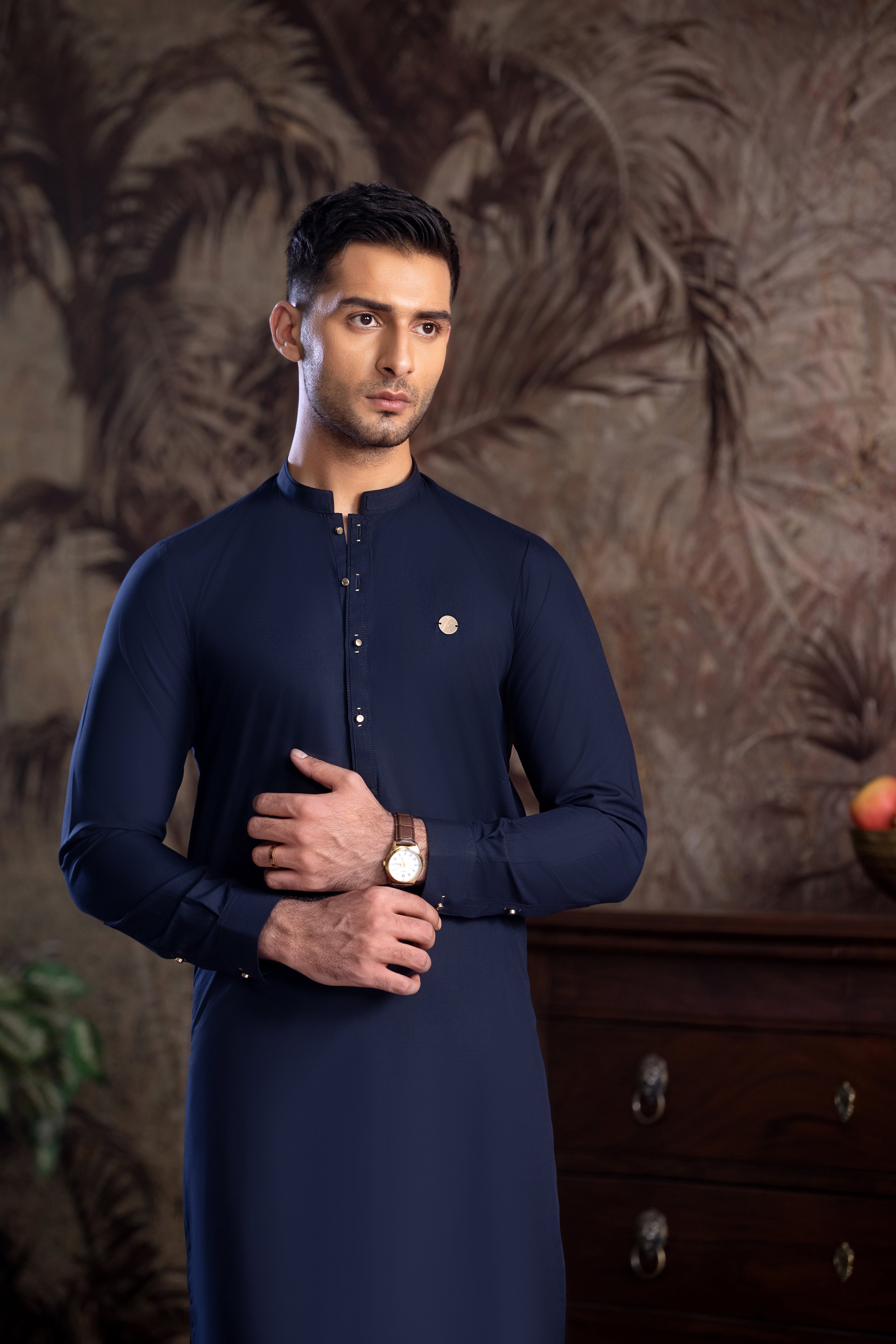 Dark Blue Golden Detailing Kurta Trouser With A MAN Badge