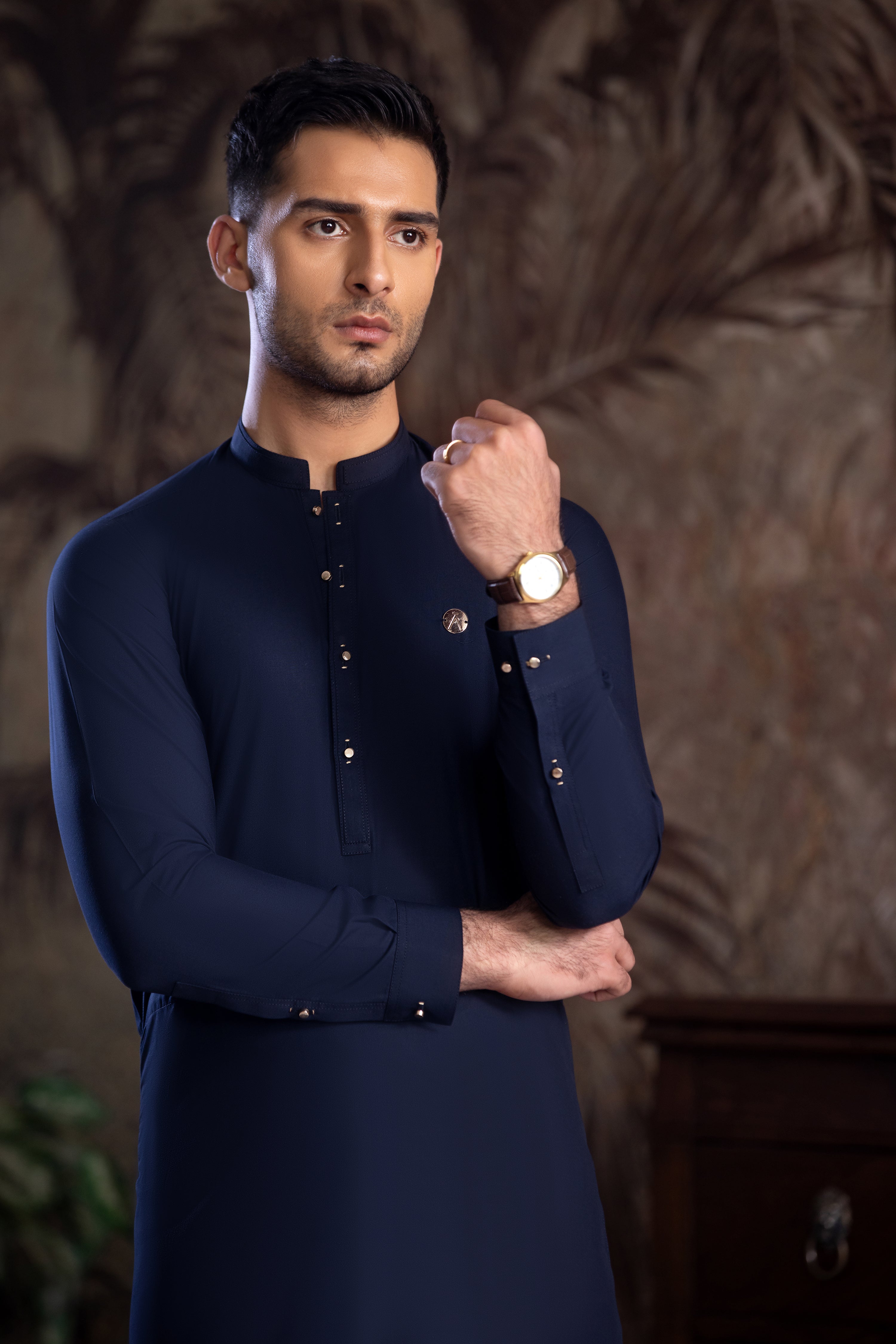 Dark Blue Golden Detailing Kurta Trouser With A MAN Badge