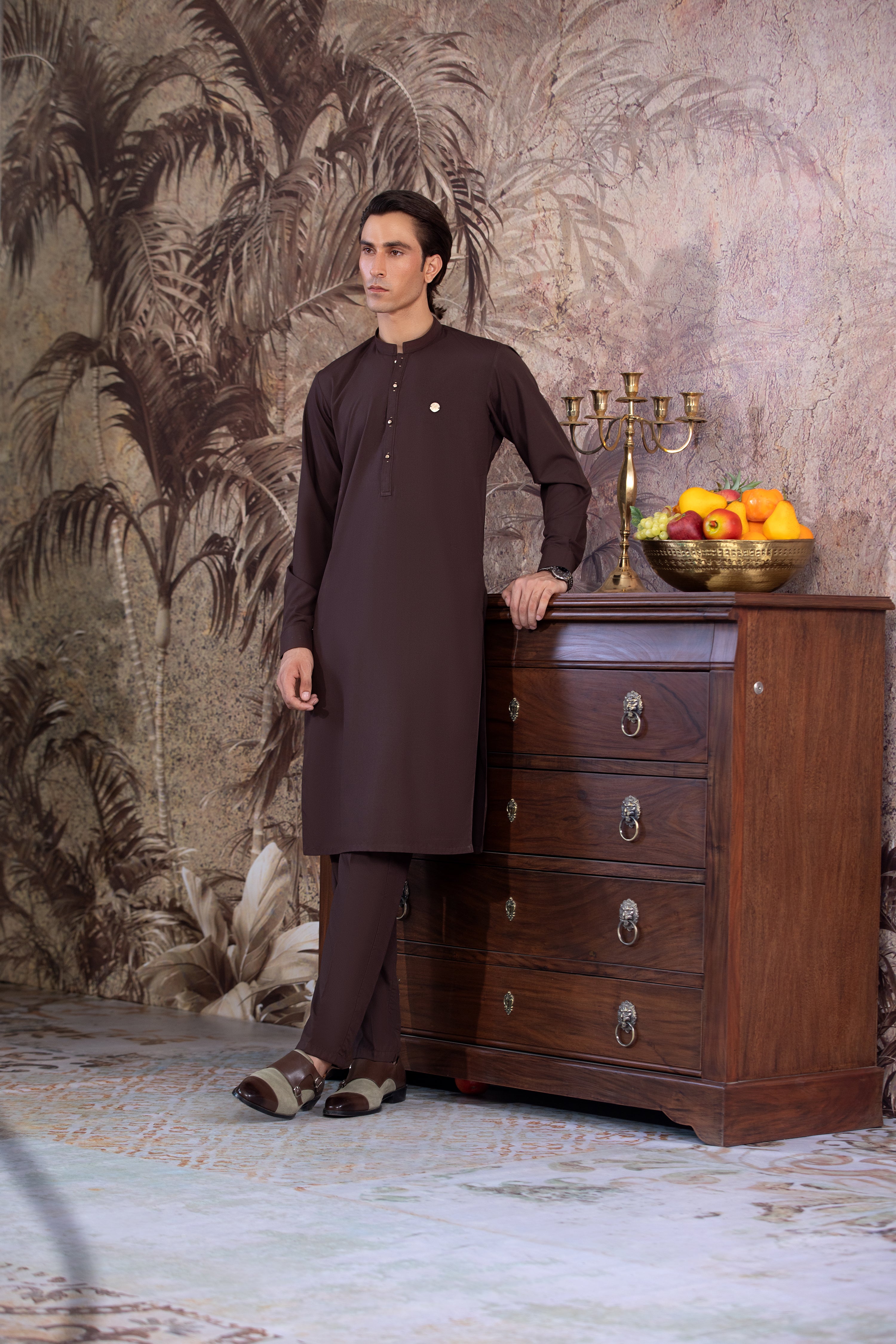 Dark Brown Kurta With Matching Trouser & Golden Buttons