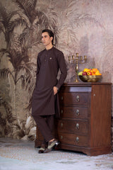 Stitched Kurta With Matching Trouser & Golden Buttons for Men - Chocolate Brown