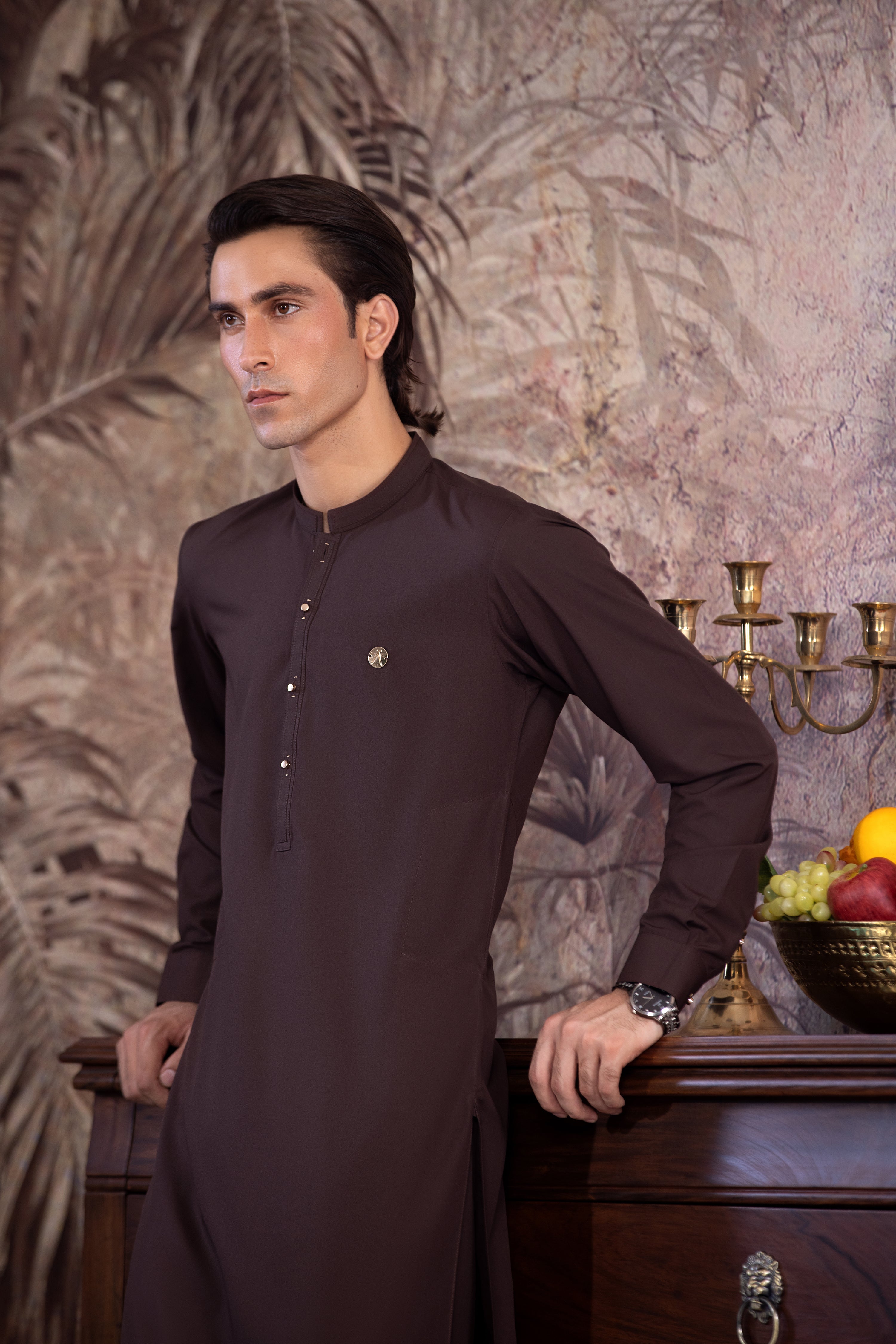 Dark Brown Kurta With Matching Trouser & Golden Buttons