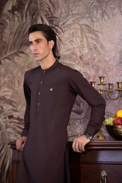 Dark Brown Ban Less Short Kurta With Matching Trouser & Golden Buttons