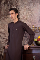 Stitched Kurta With Matching Trouser & Golden Buttons for Men - Chocolate Brown