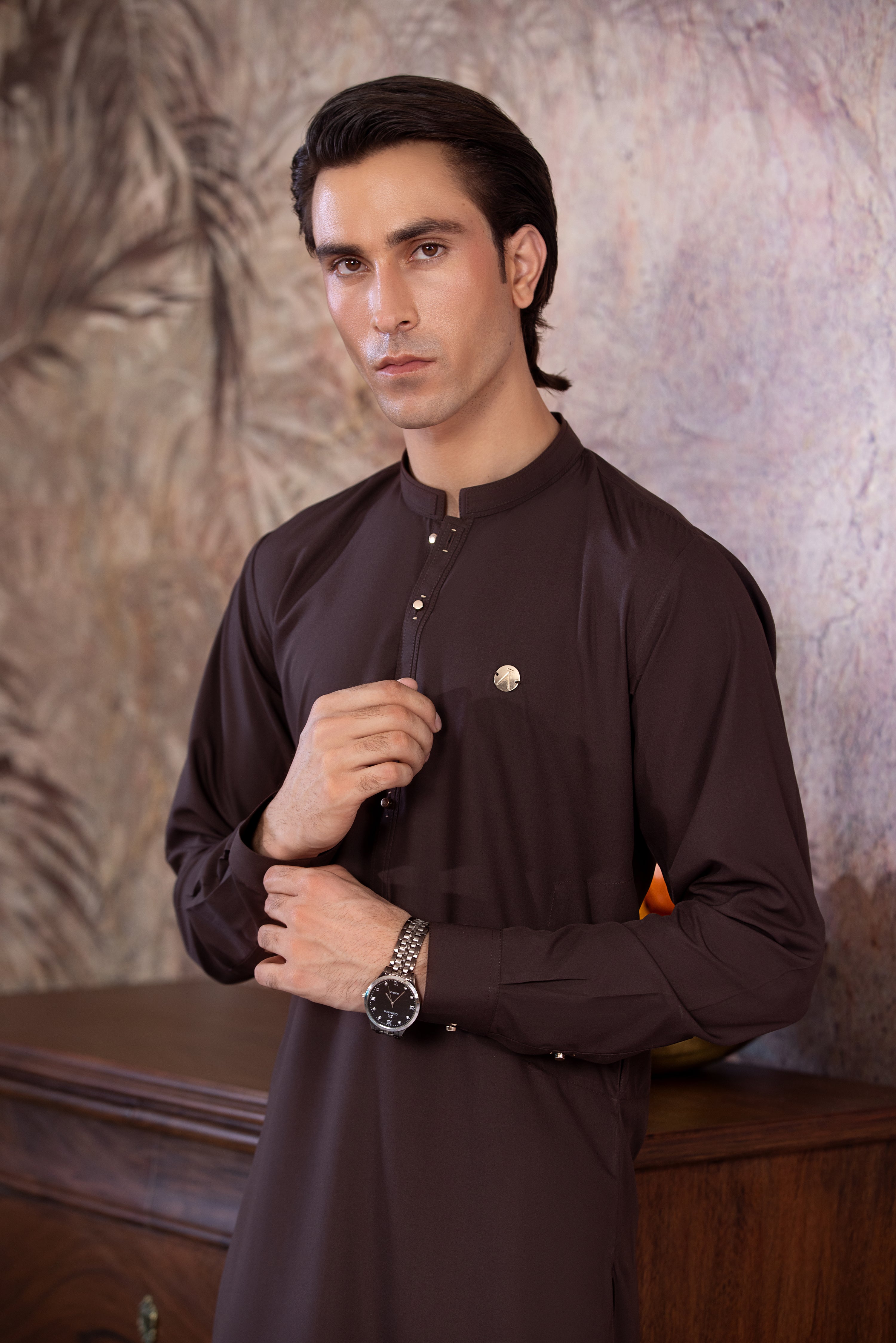 Dark Brown Kurta With Matching Trouser & Golden Buttons