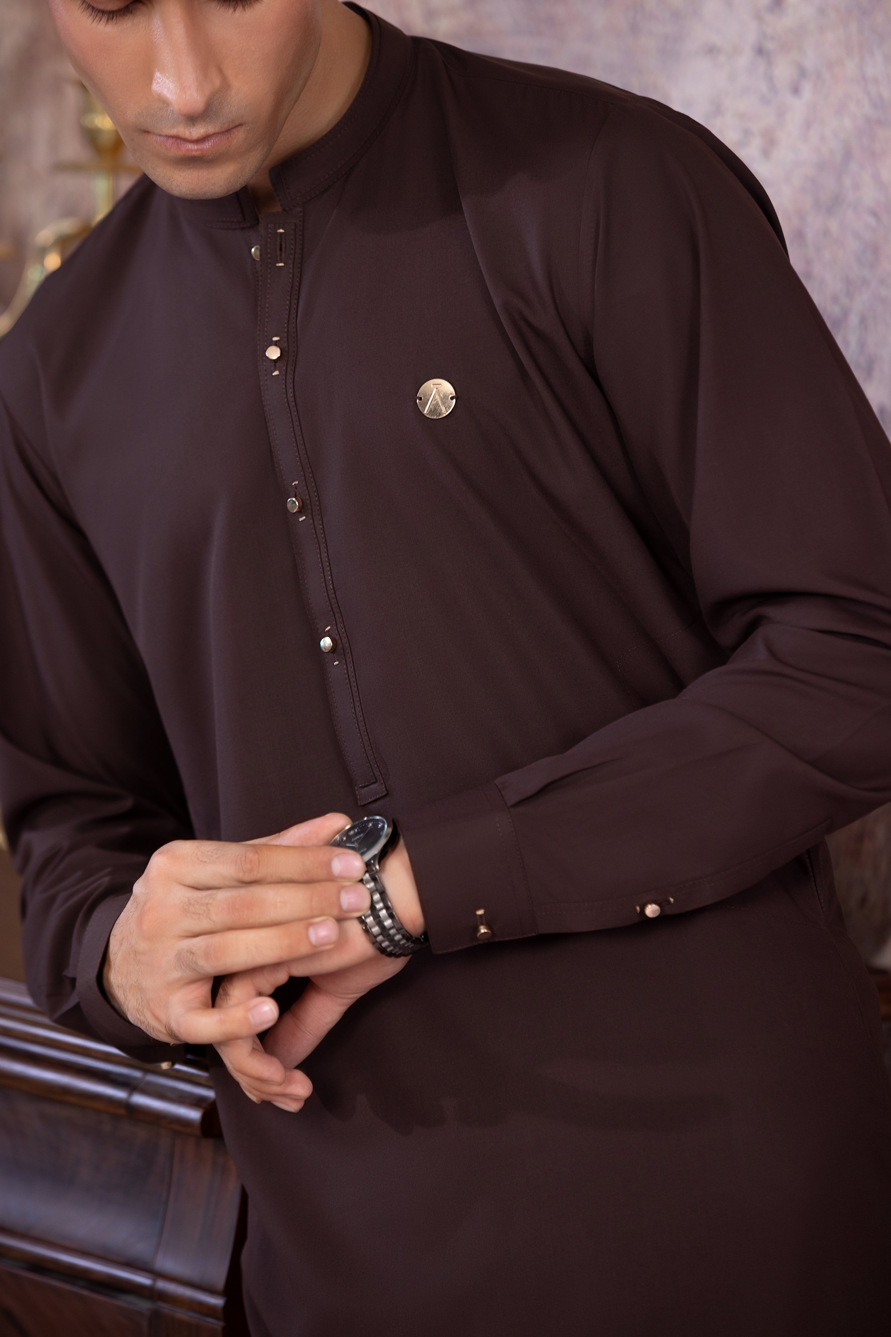 Dark Brown Kurta With Matching Trouser & Golden Buttons