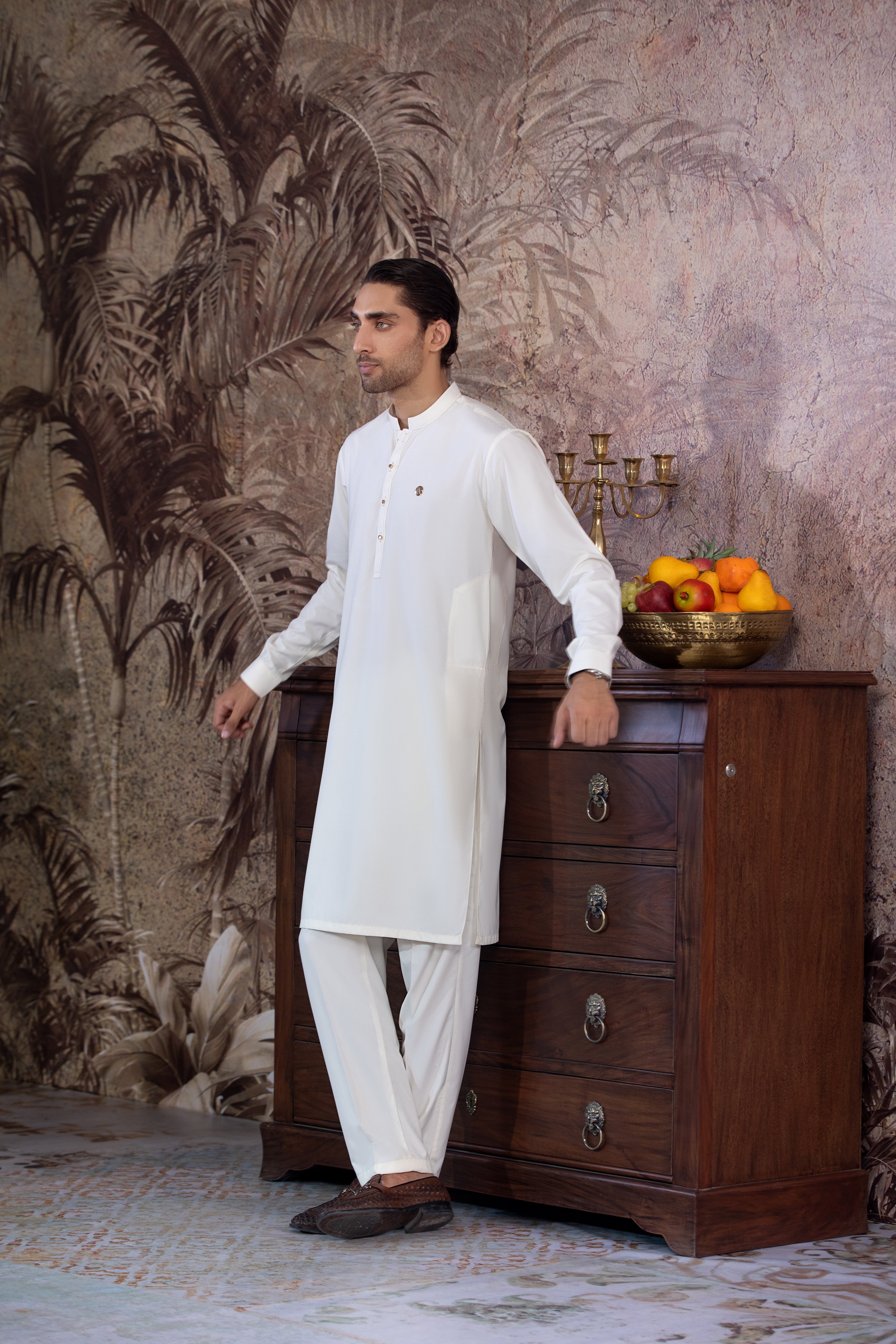 Cream Boski Premium Kurta Trouser With Golden Metal Buttons