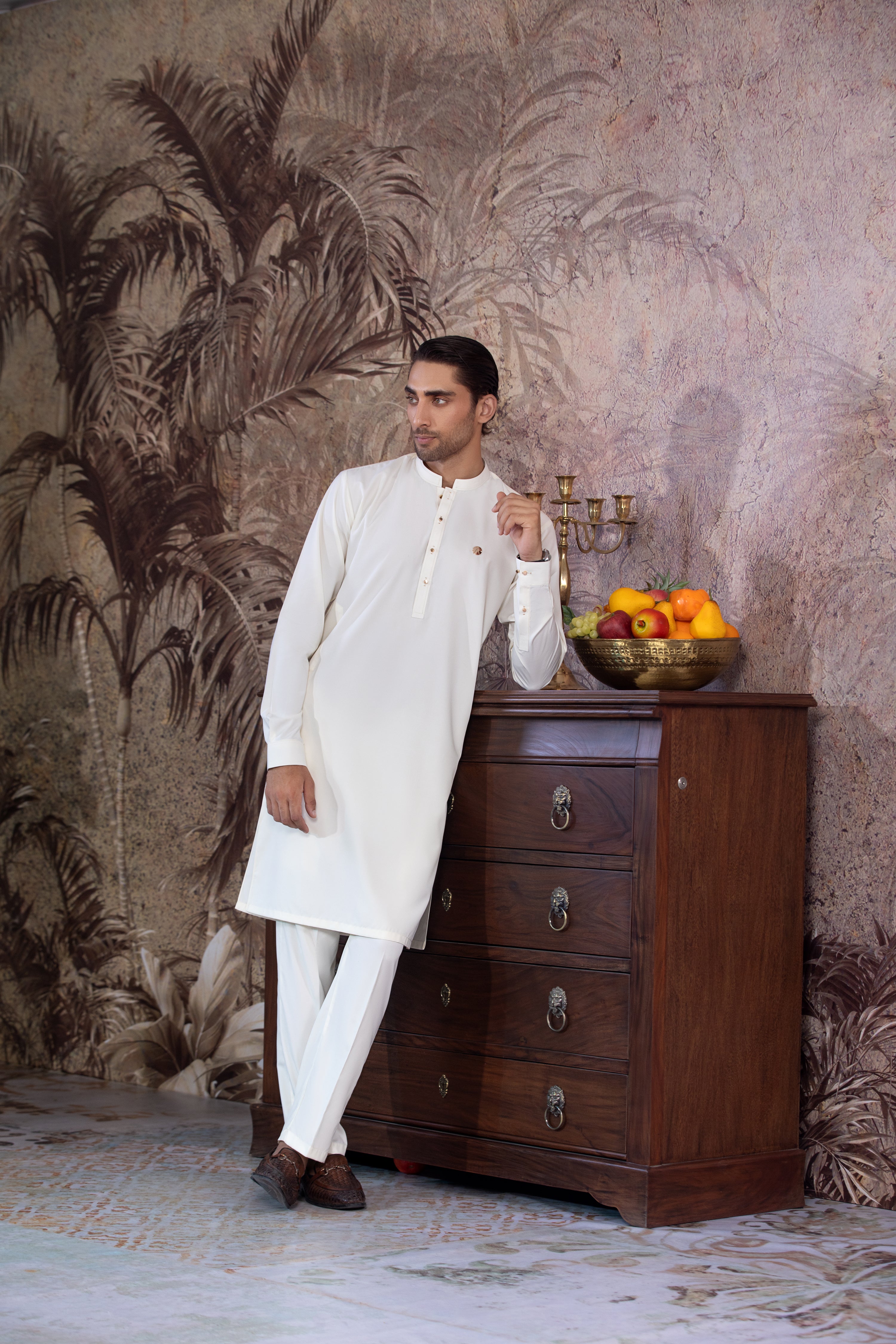 Cream Boski Premium Kurta Trouser With Golden Metal Buttons