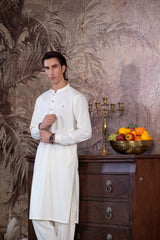 Stitched Boski Kurta Shalwar With Contrast Logo & Metal Buttons for Men - Cream