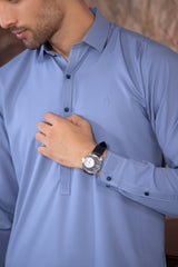 Stitched Kameez Shalwar With Contrast Buttons for Men - Medium Blue