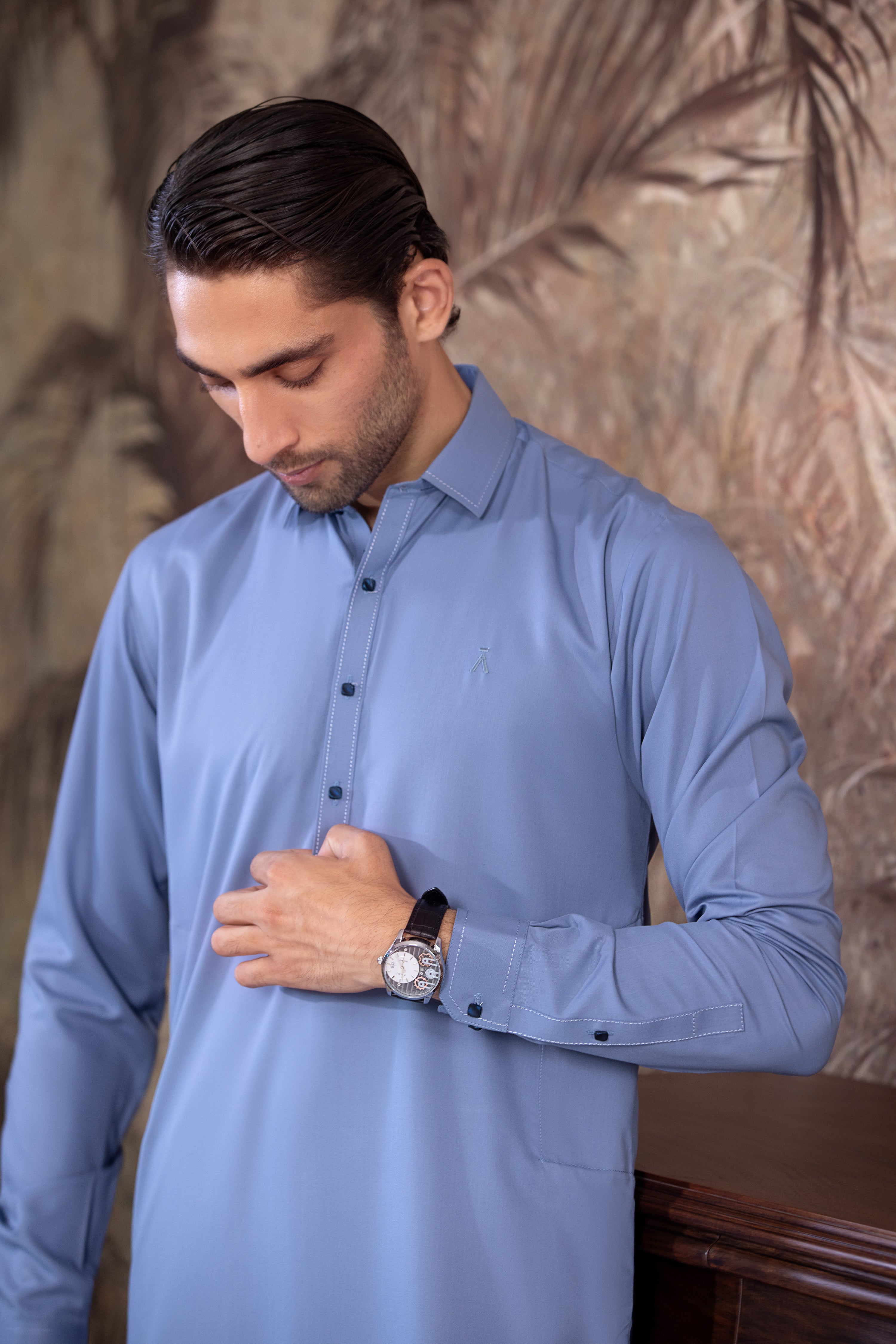 Medium Blue Kameez Shalwar With Contrast Buttons