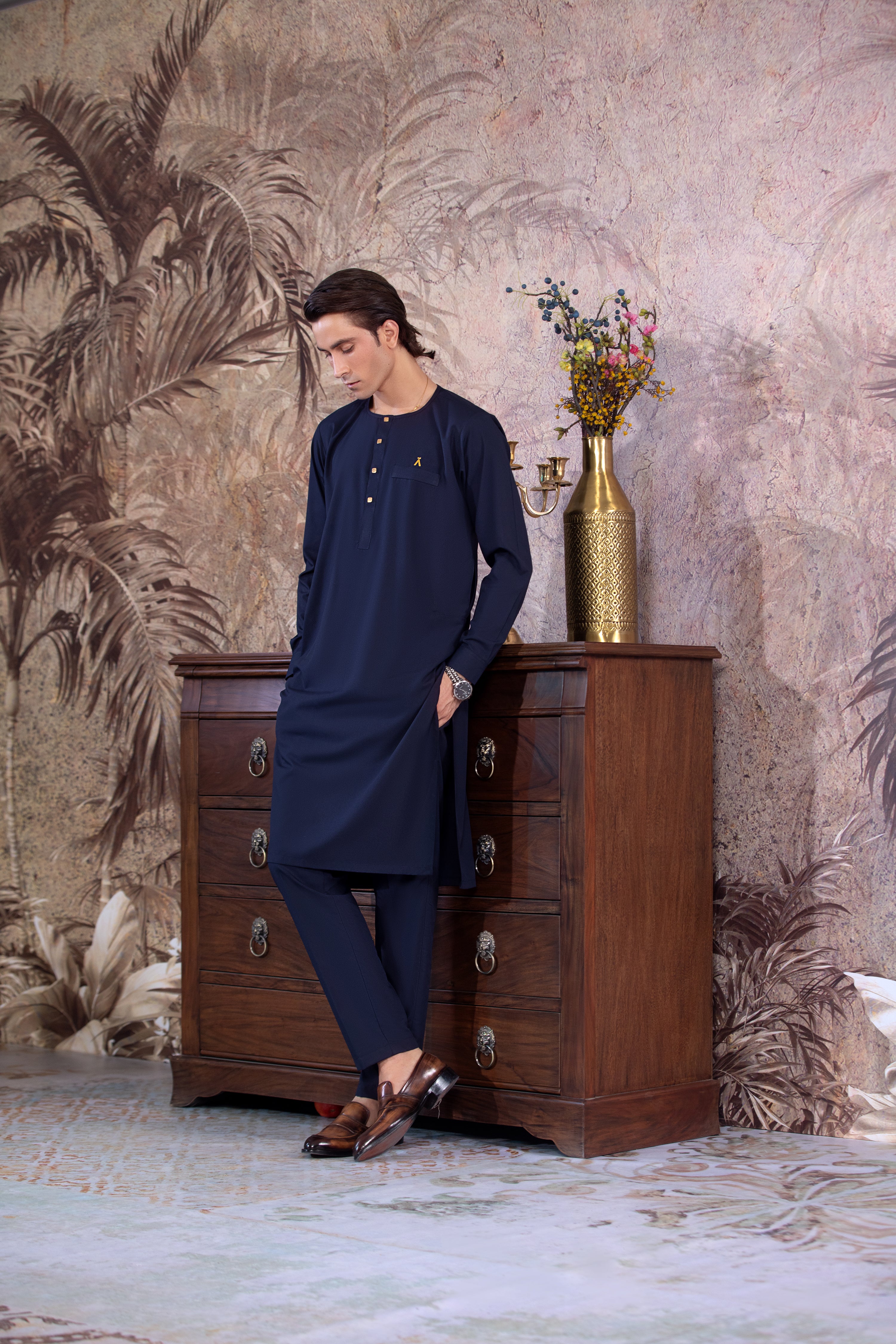 Navy Blue Ban Less Short Kurta With Matching Trouser & Golden Buttons