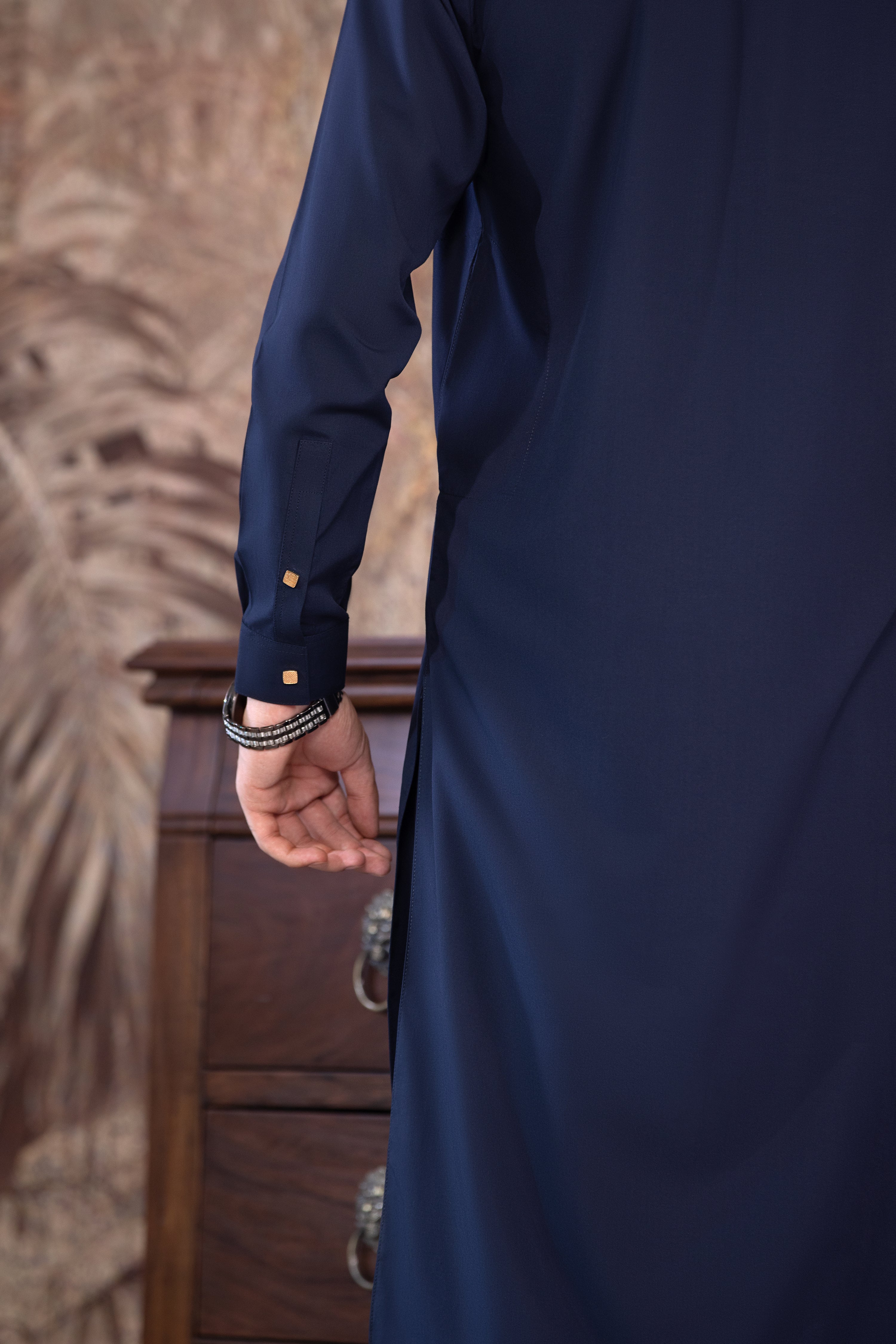 Navy Blue Ban Less Short Kurta With Matching Trouser & Golden Buttons