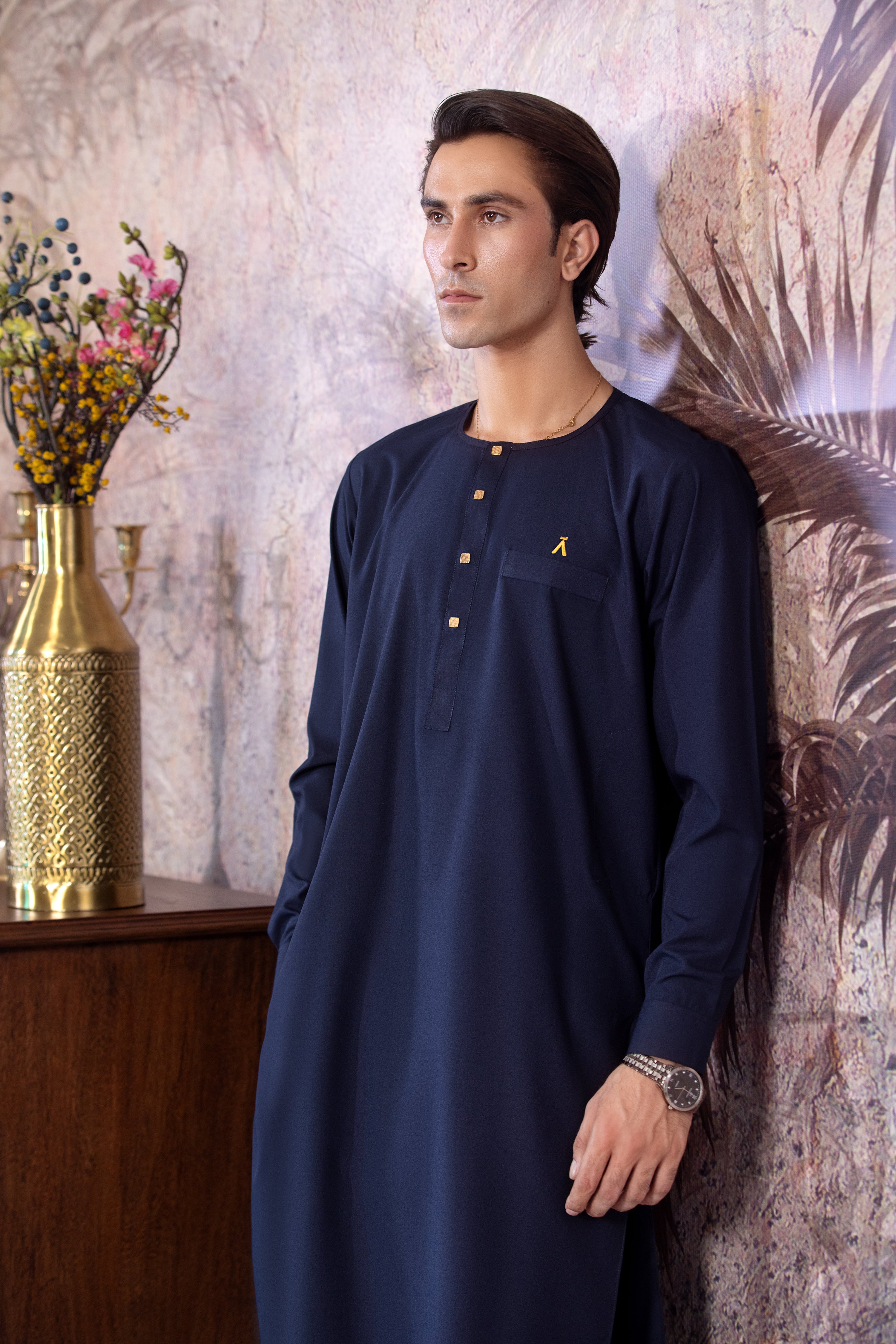 Navy Blue Ban Less Short Kurta With Matching Trouser & Golden Buttons