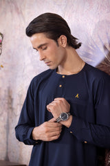 Stitched Ban Less Short Kurta With Matching Trouser & Golden Buttons for Men - Navy Blue