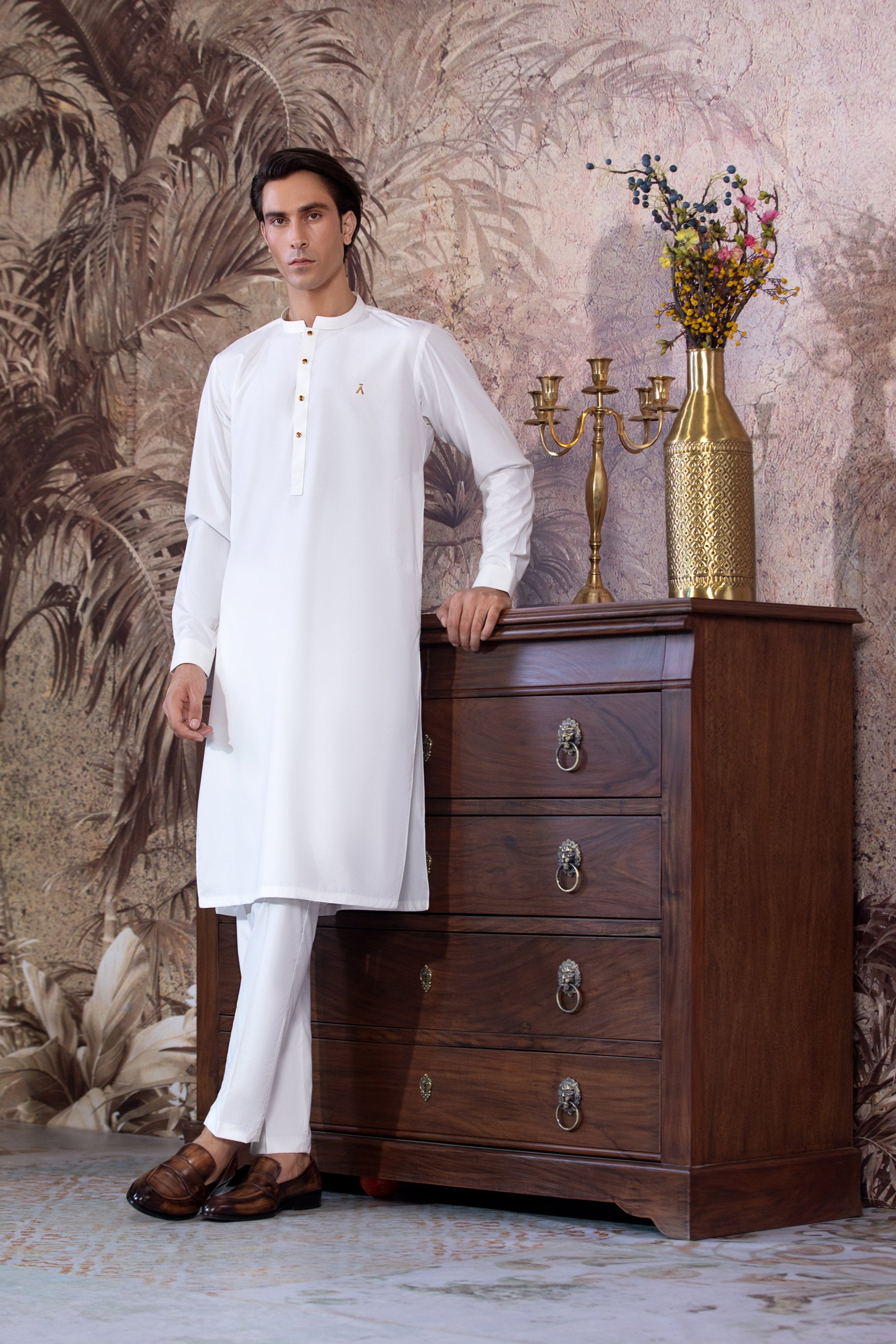 Off White Blended Kurta Trouser With Snap Buttons