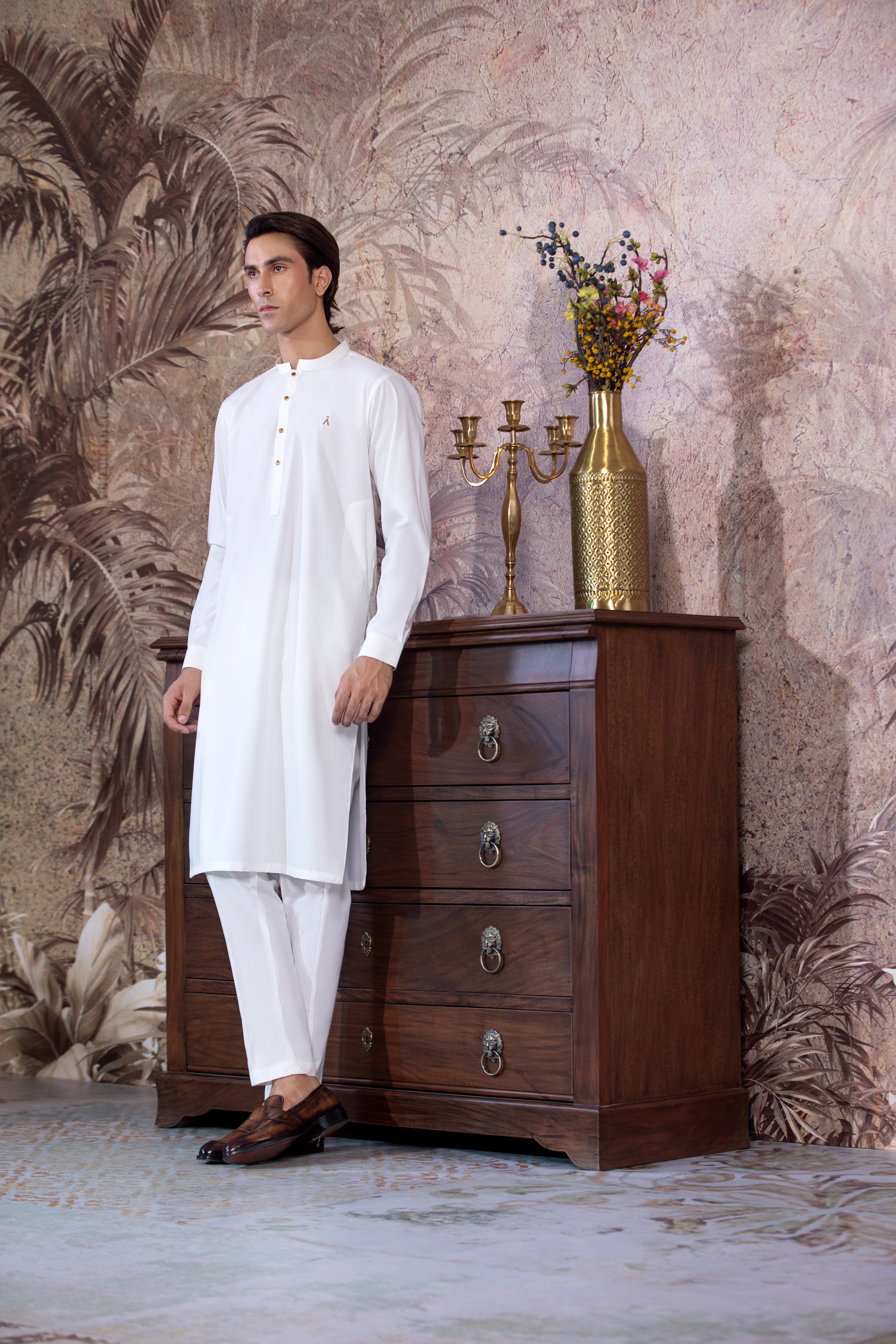 Off White Blended Kurta Trouser With Snap Buttons