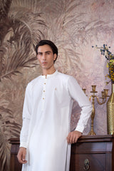Stitched Blended Kurta Trouser With Copper Metal Buttons for Men - Off White