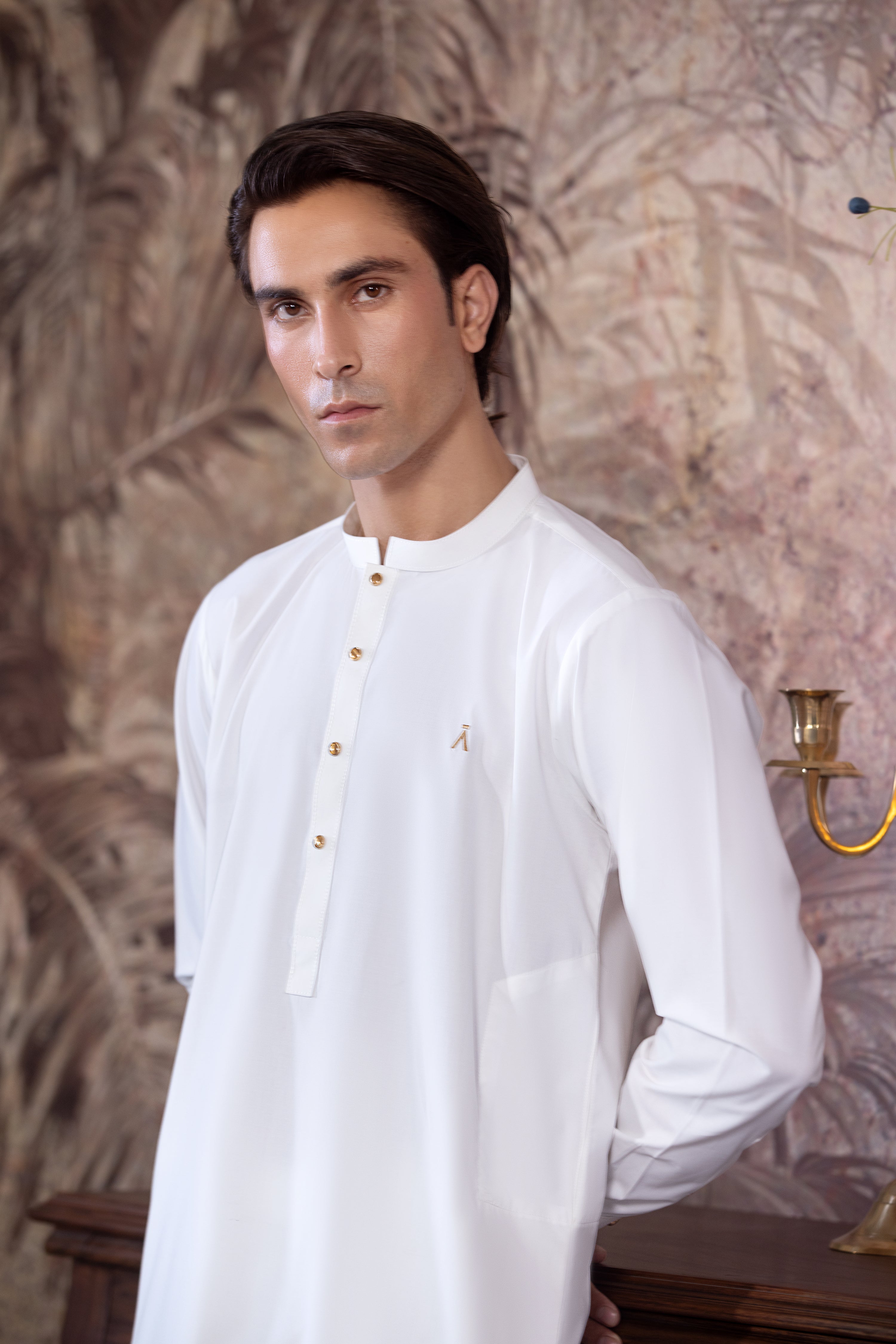 Off White Blended Kurta Trouser With Snap Buttons