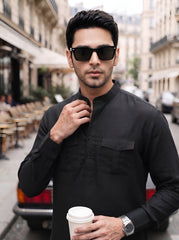 Stitched Cotton Kurta Trouser Set Relaxed Fit - Midnight Black