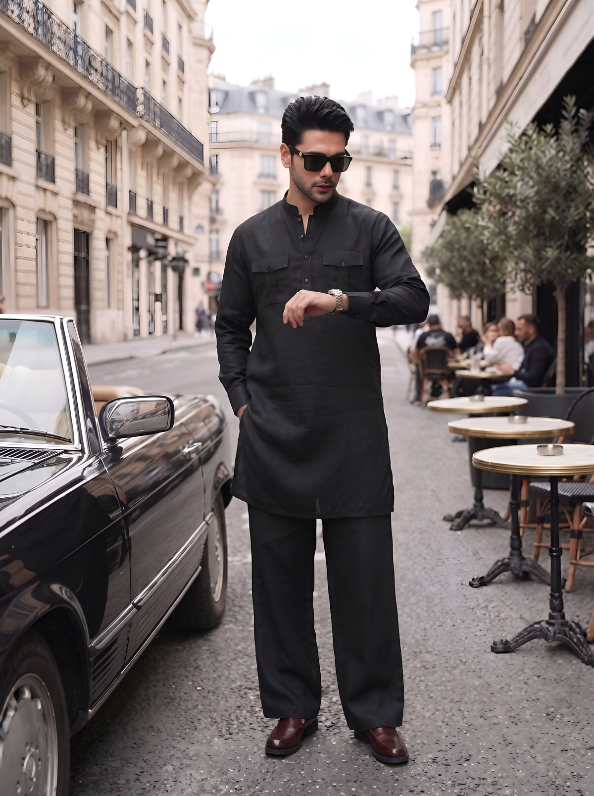 Stitched Cotton Kurta Trouser Set Relaxed Fit - Midnight Black
