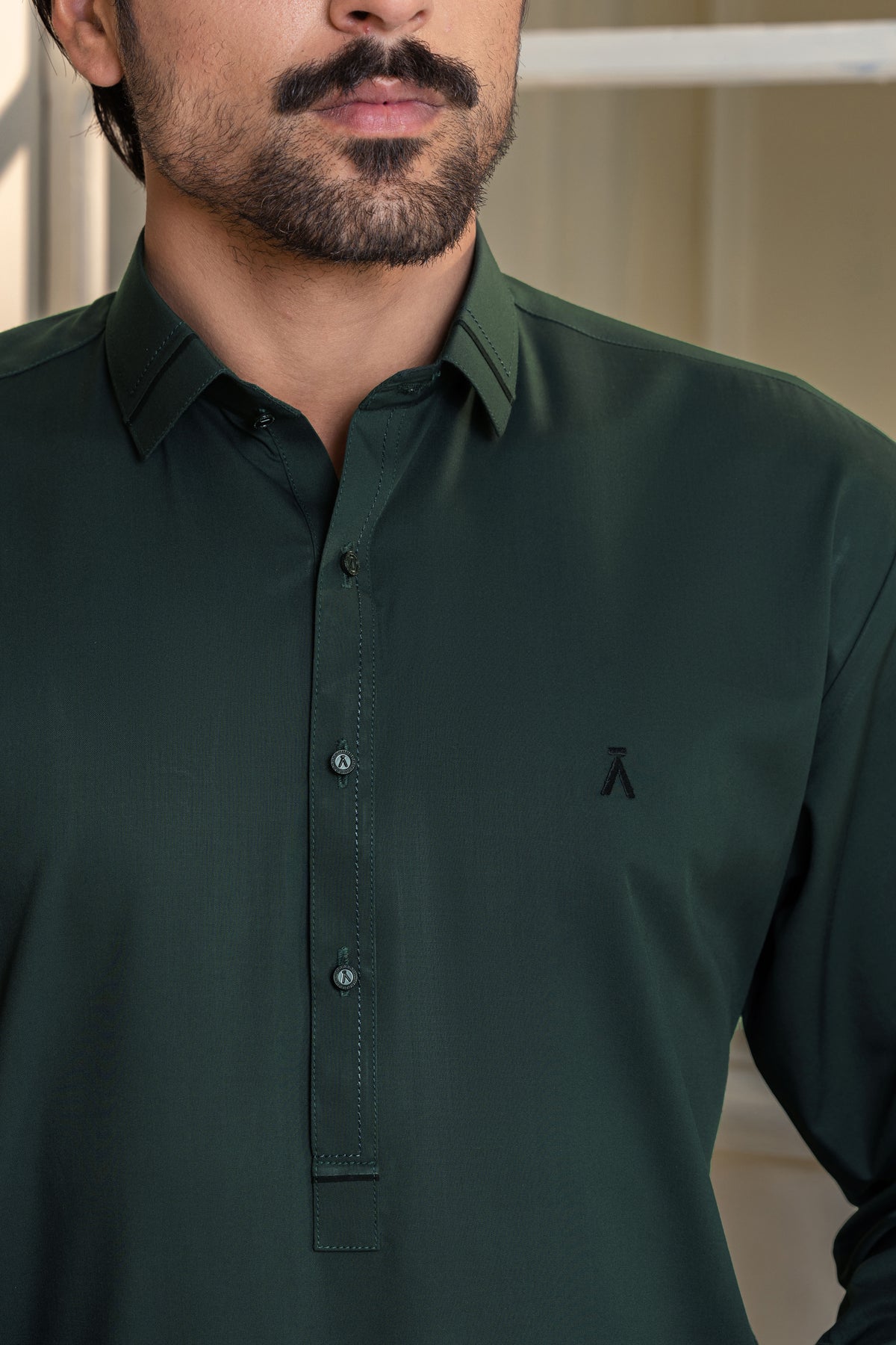 Stitched Collar Kameez Shalwar for Men - Bottle Green