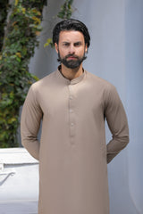 Stitched Blended Kurta With Matching Trouser for Men - Light Brown