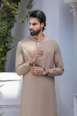 Stitched Blended Kurta With Matching Trouser for Men - Light Brown