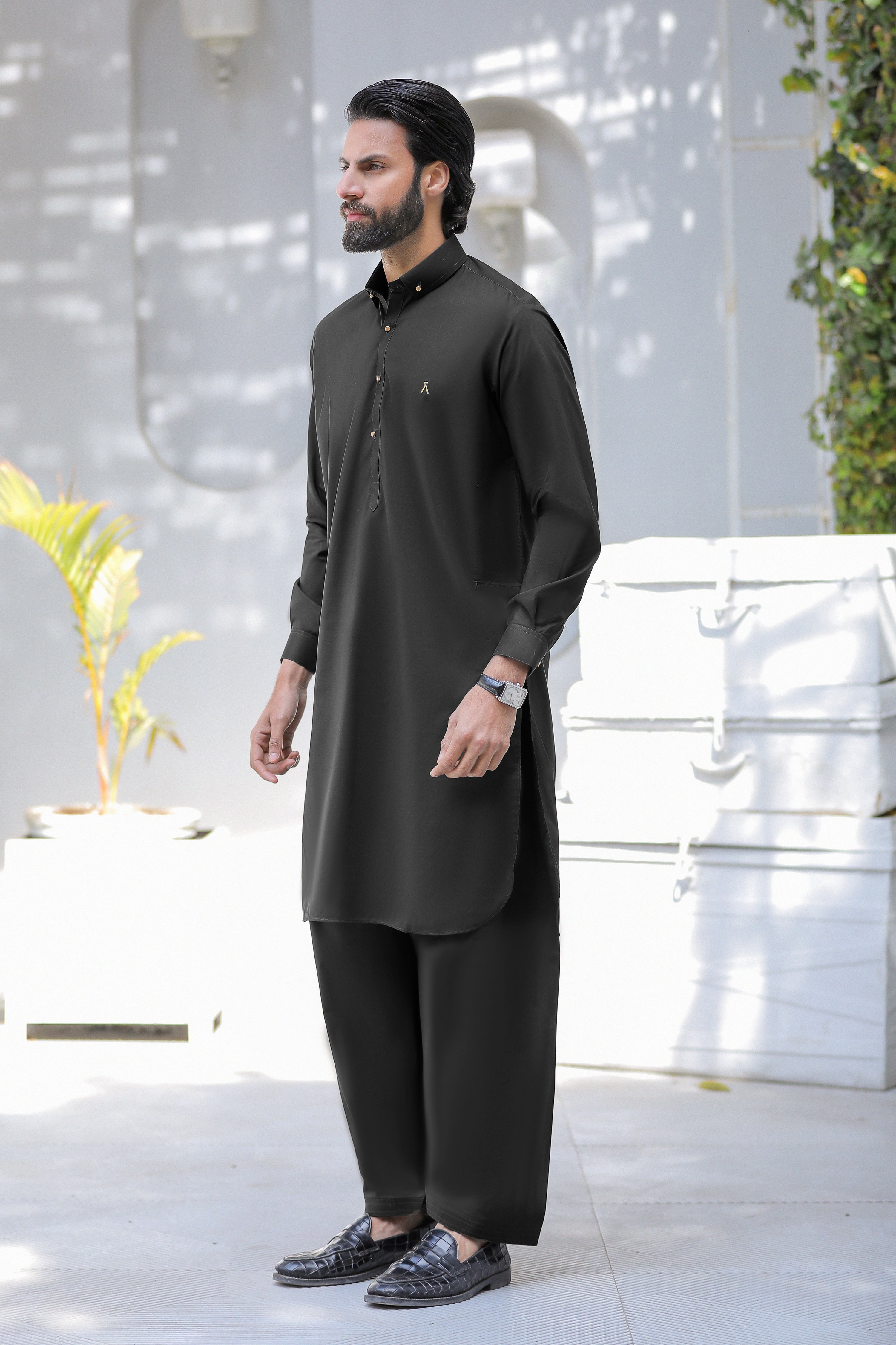 Signature Logo Black Shalwar Kameez With Golden Buttons