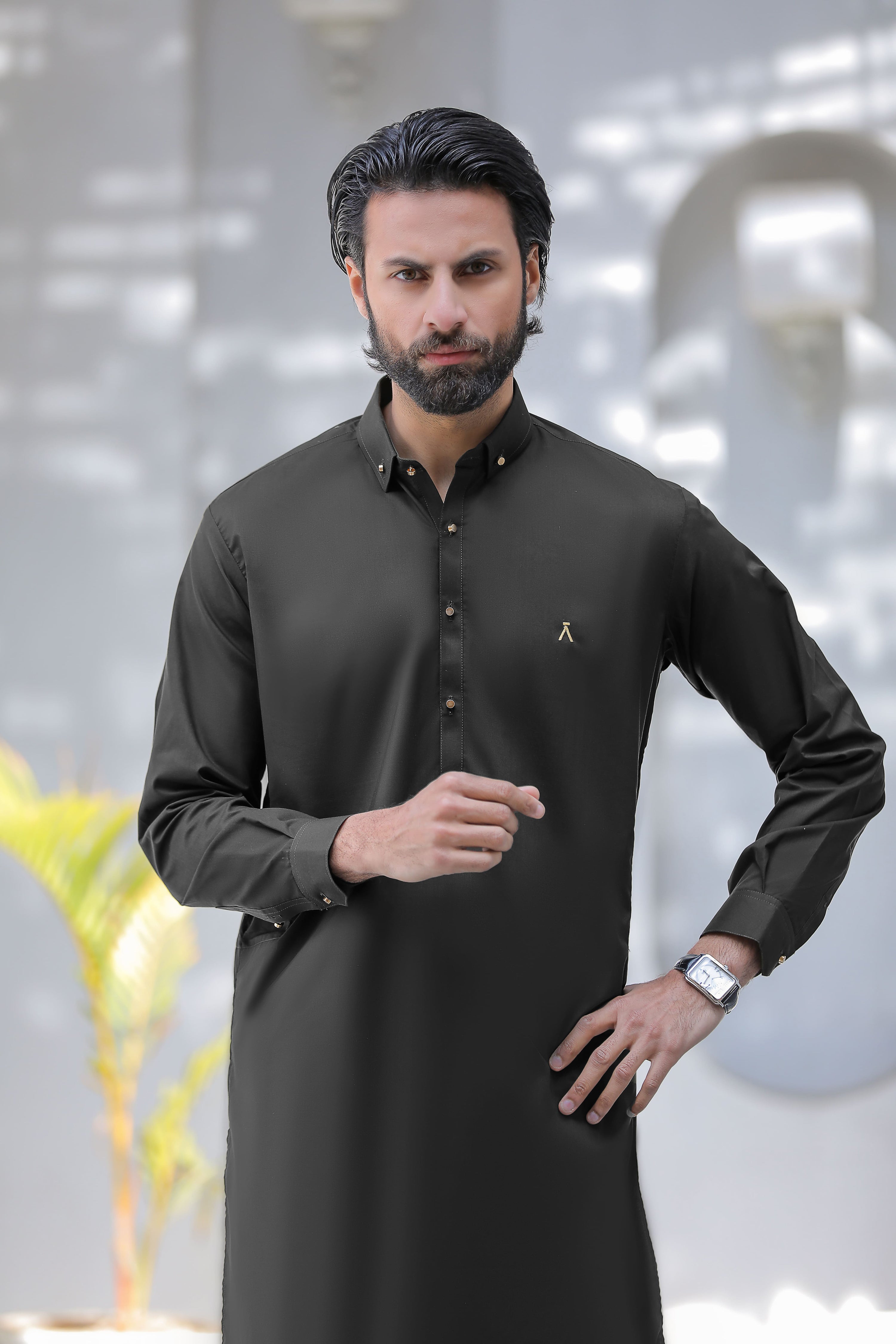 Signature Logo Black Shalwar Kameez With Golden Buttons