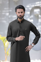 Stitched Signature Logo Shalwar Kameez With Golden Buttons for Men - Black