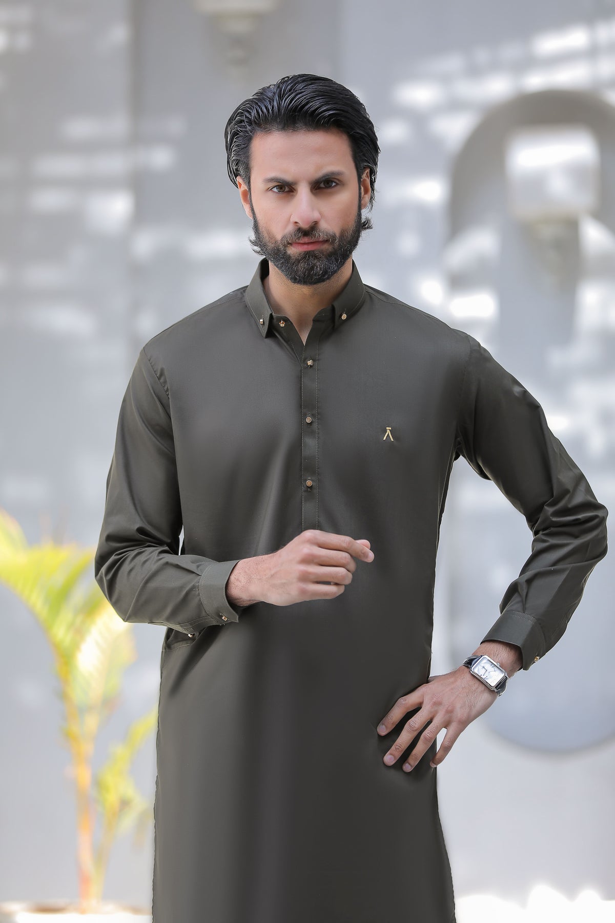 Stitched Signature Logo Shalwar Kameez With Golden Buttons for Men - Dark Green
