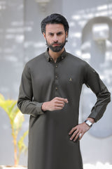 Stitched Signature Logo Shalwar Kameez With Golden Buttons for Men - Dark Green