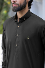 Stitched Signature Logo Shalwar Kameez With Golden Buttons for Men - Black
