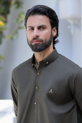 Stitched Signature Logo Shalwar Kameez With Golden Buttons for Men - Dark Green