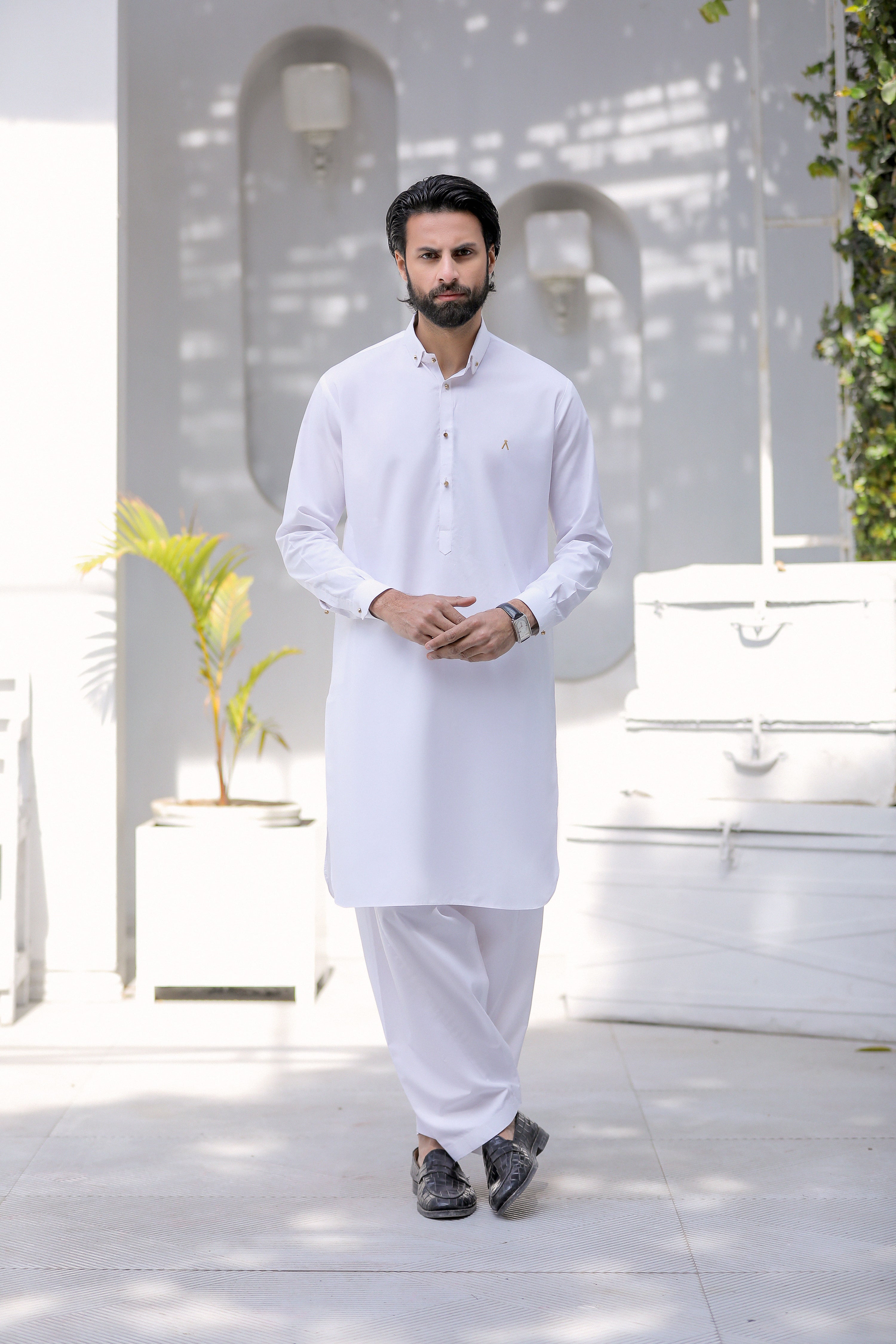 Signature Logo Off White Shalwar Kameez With Golden Buttons