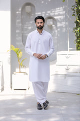 Stitched Signature Logo Shalwar Kameez With Golden Buttons for Men - Off White