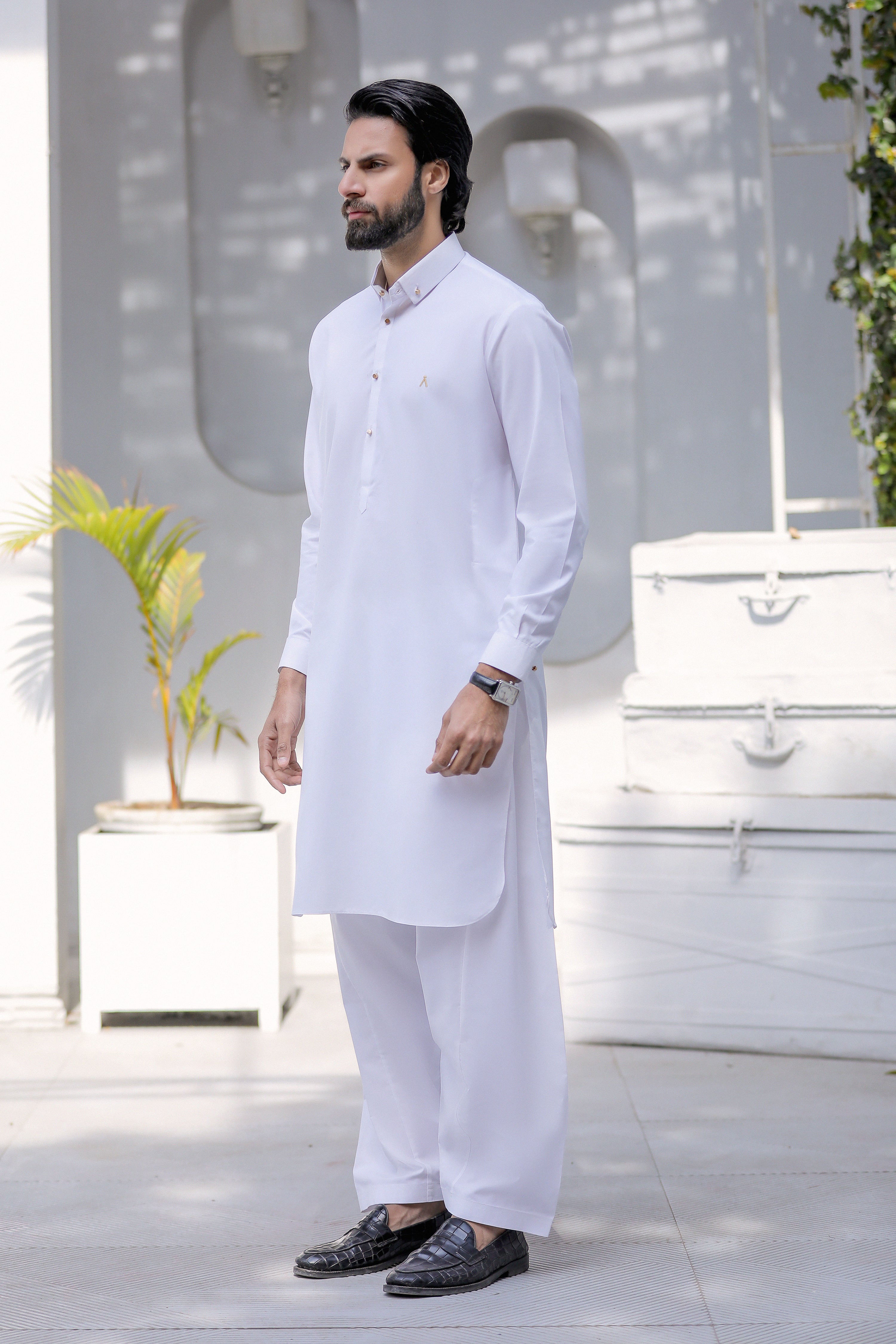 Signature Logo Off White Shalwar Kameez With Golden Buttons