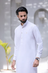 Stitched Signature Logo Shalwar Kameez With Golden Buttons for Men - Off White