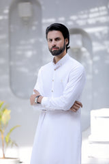 Stitched Signature Logo Shalwar Kameez With Golden Buttons for Men - Off White