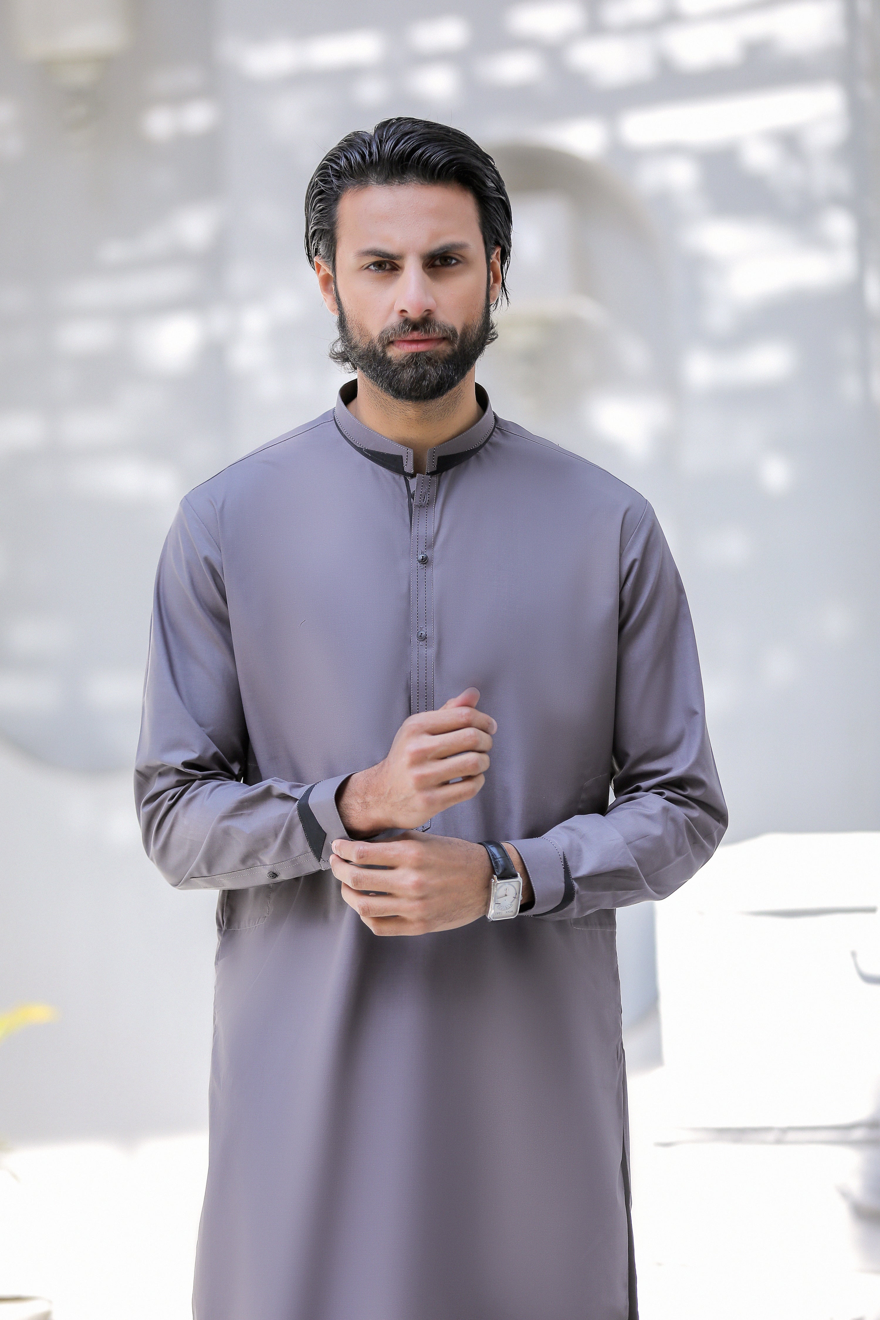 Grey Kurta Trouser With Black Detailing