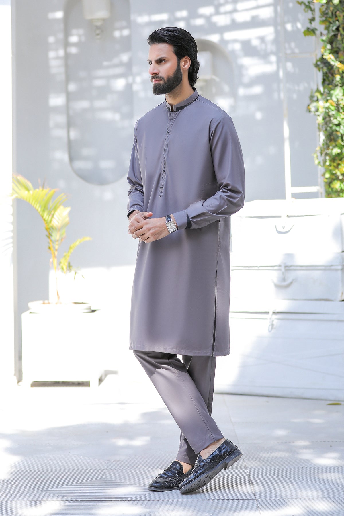 Stitched Kurta Trouser With Detailing for Men - Grey