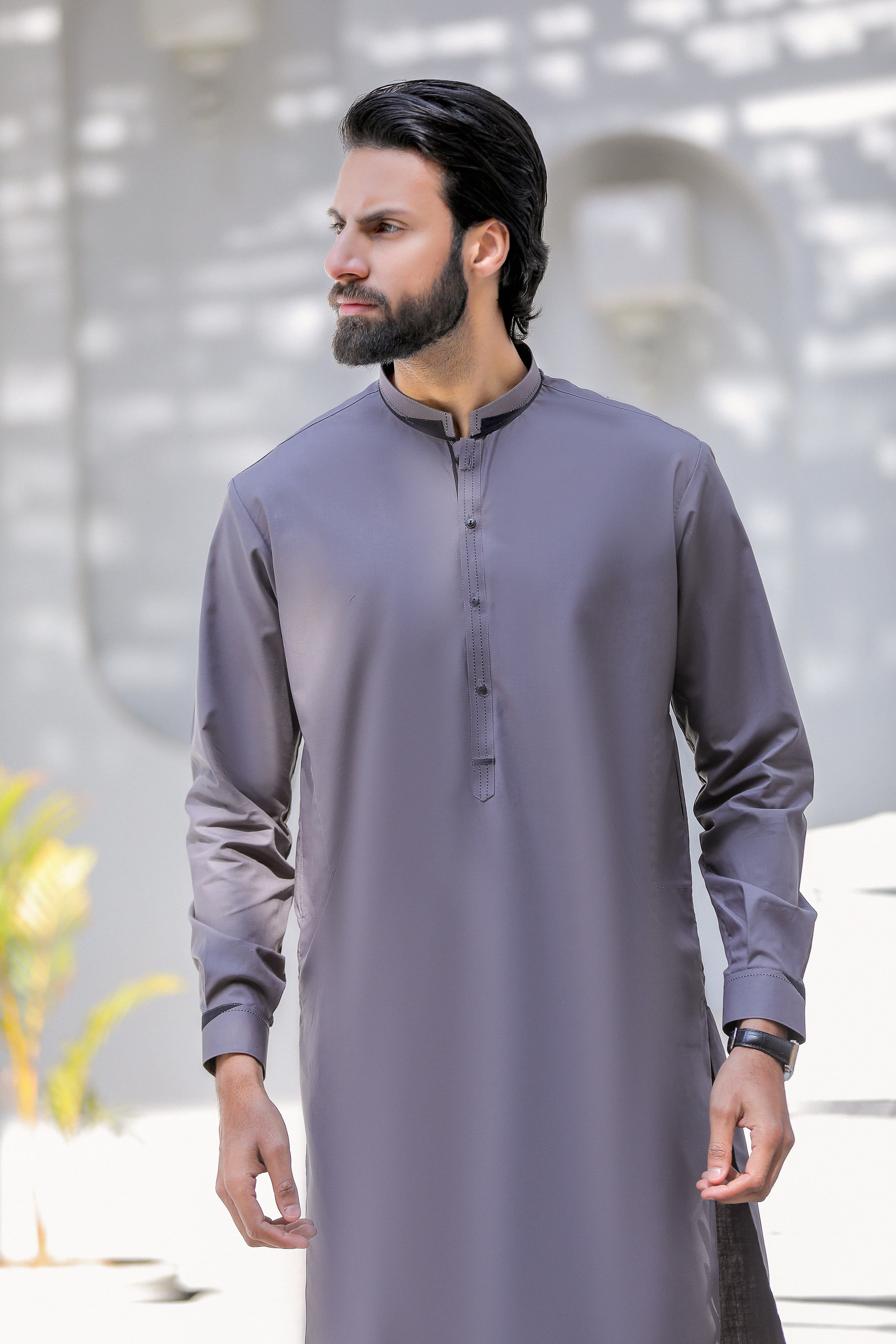 Grey Kurta Trouser With Black Detailing