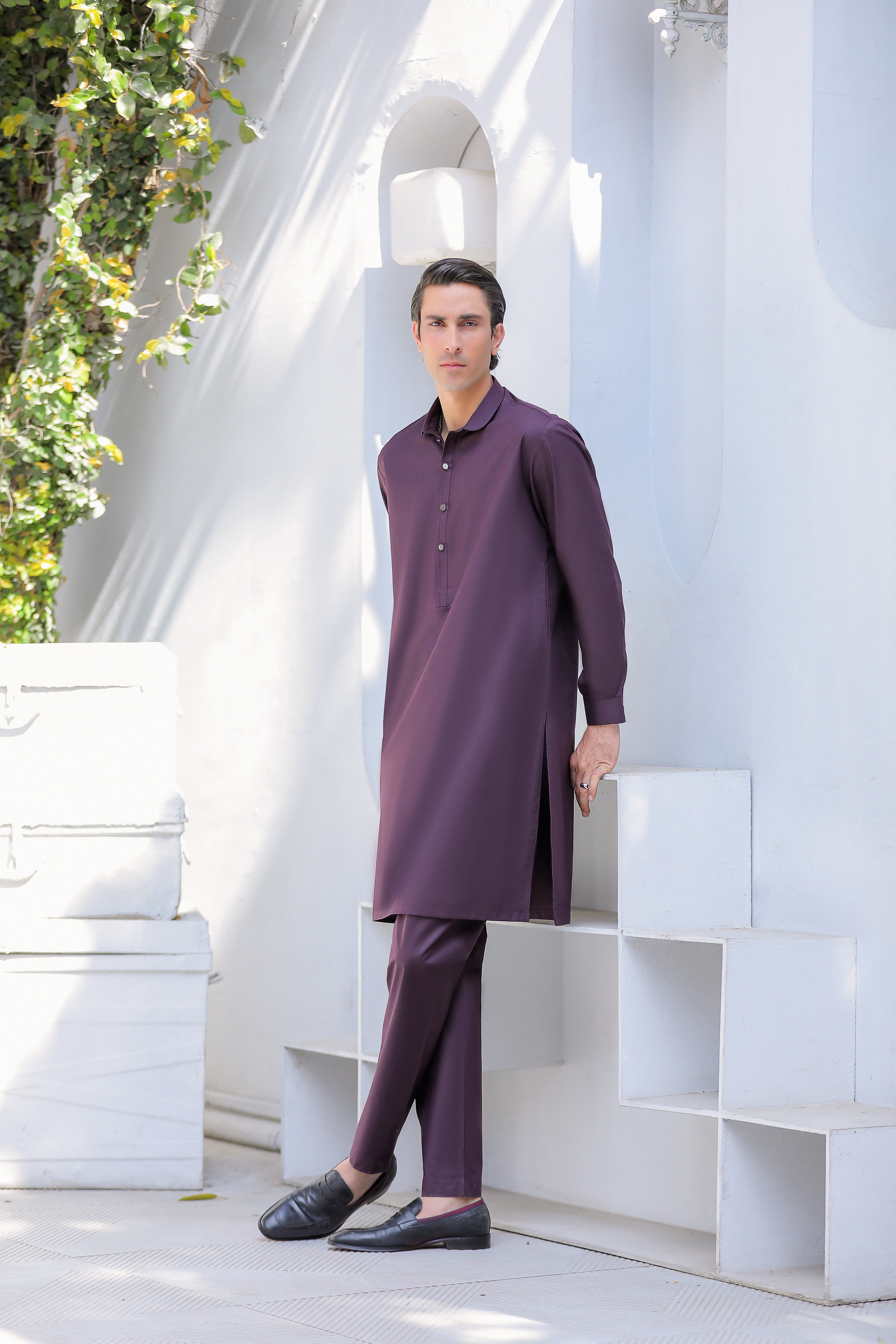 Purple Round Collar Kurta Trouser