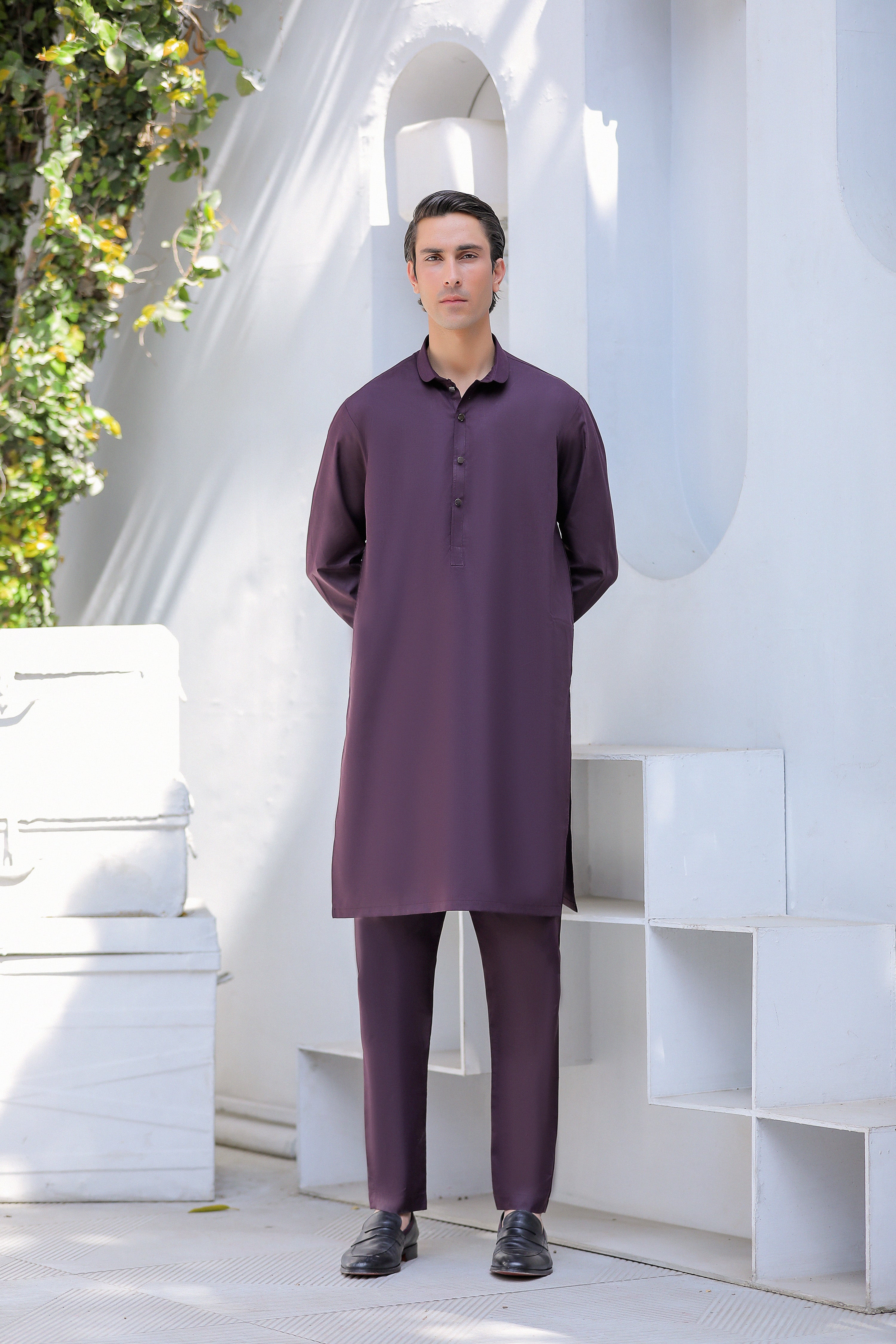 Purple Round Collar Kurta Trouser