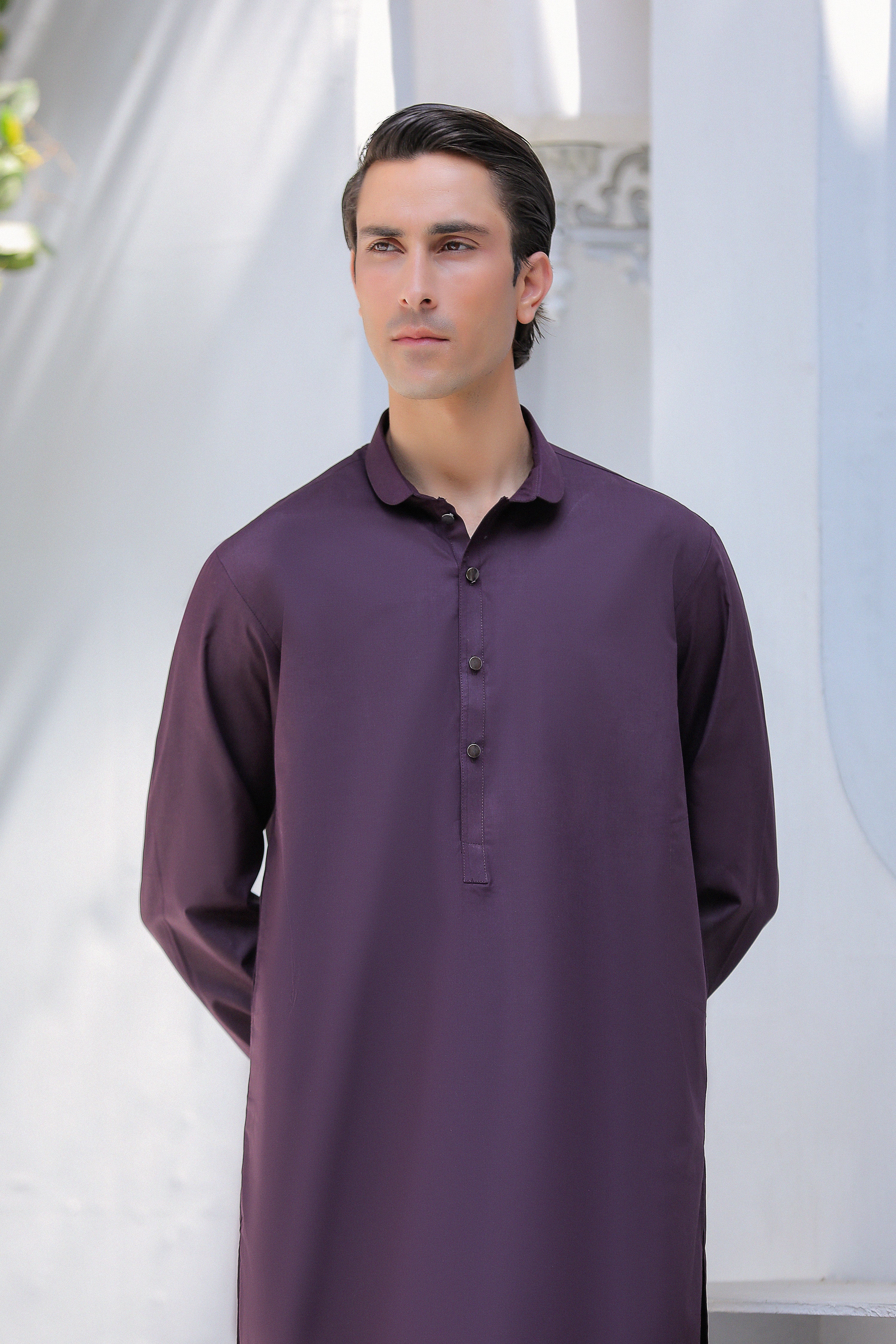 Purple Round Collar Kurta Trouser