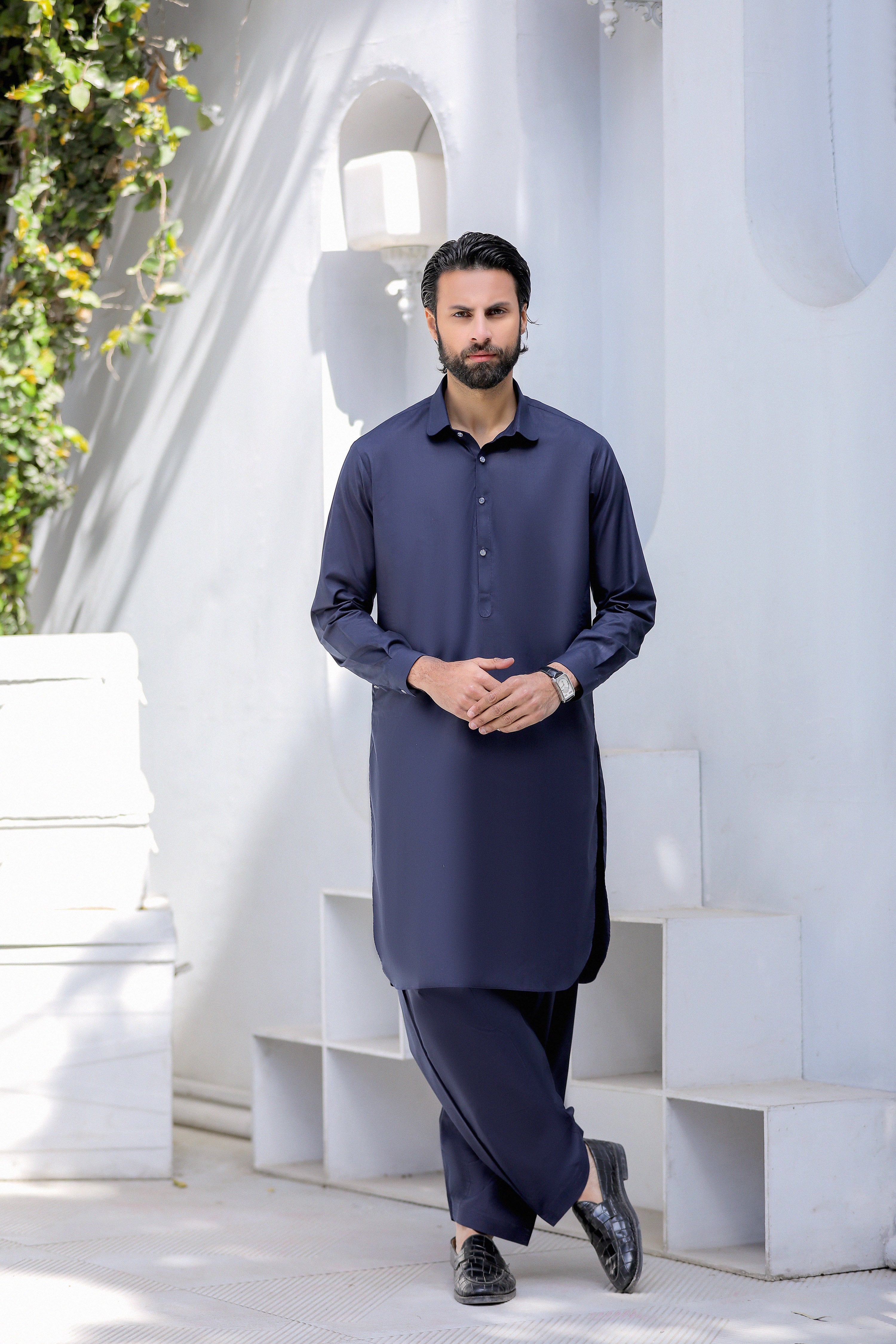 Navy Blue Round Collar Kameez Shalwar