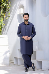 Stitched Round Collar Kameez Shalwar for Men - Navy Blue